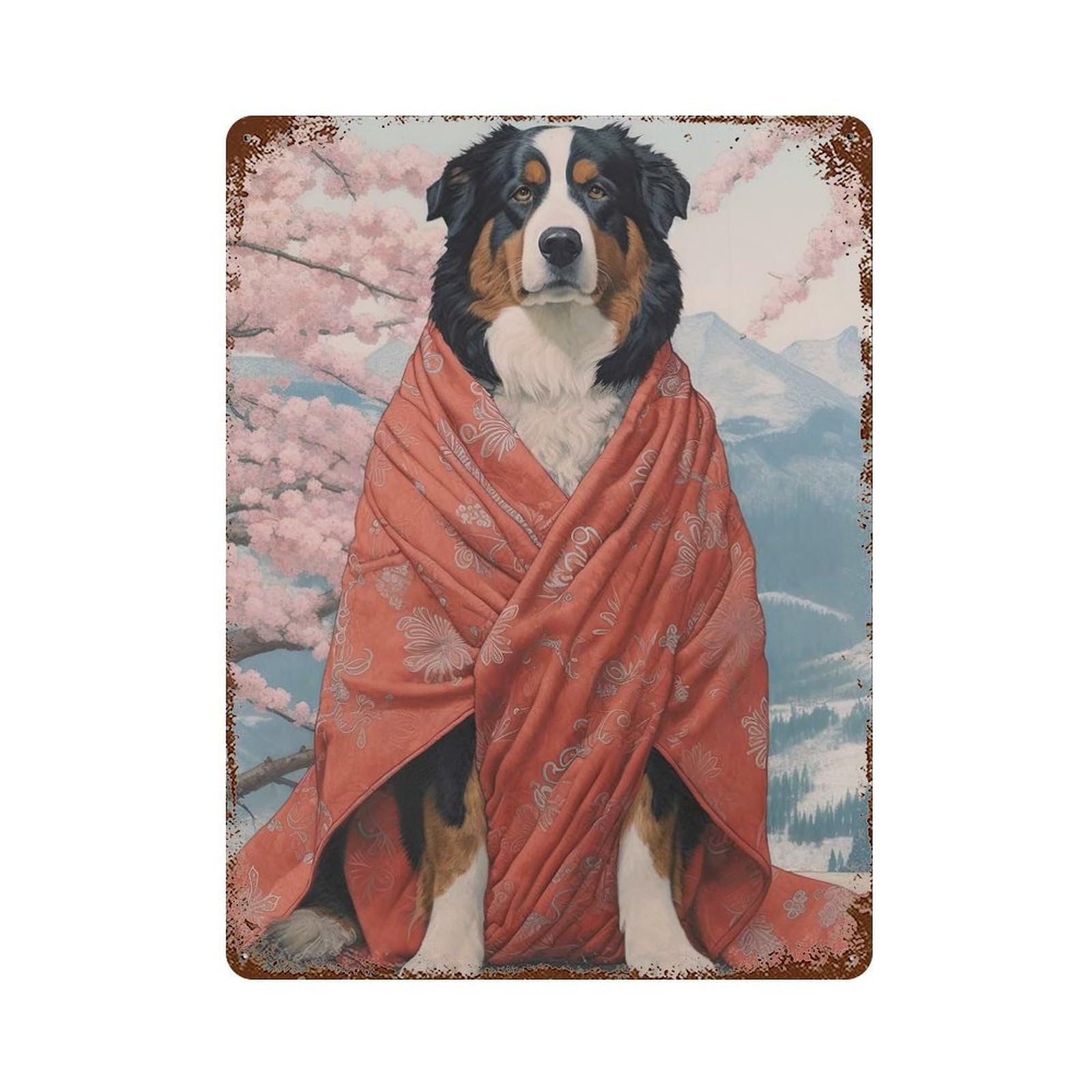Bernese Mountain Geisha Weathered Tin Sign 15.7"x11.8", Ideal for Basement, Hobby Room And Garage Decor