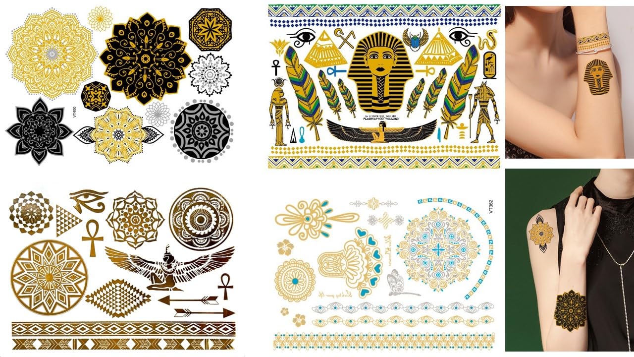 Ägyptische Fake-Tattoos – 2 Blätter, Gold-metallic, Wasserfest, 4-6 Tage Haltbar