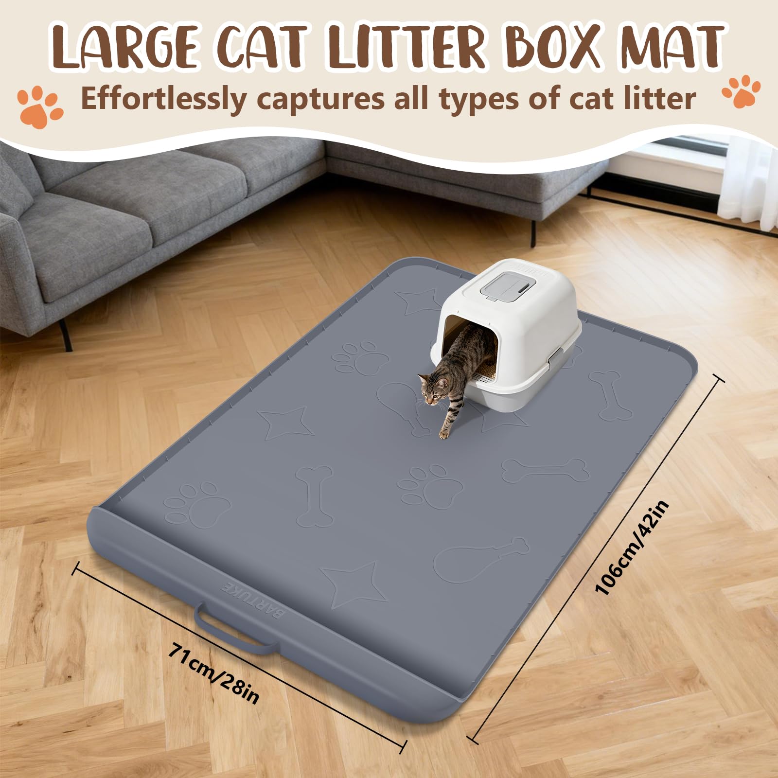 Tappetino per lettiera per gatti in silicone, con tasca di raccolta, grande, 106 x 71 cm, impermeabile, antiscivolo, con bordo e manico, tovaglietta per animali domestici per pavimenti