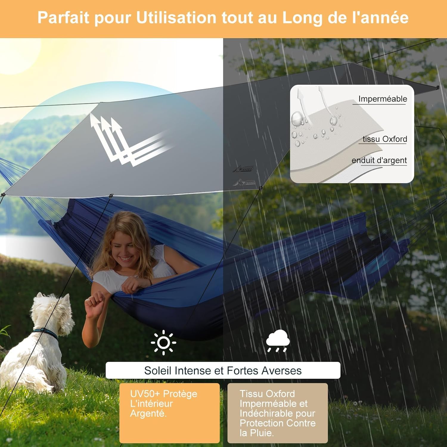 WADEO Bâche Anti-Pluie Plus Size 3.6x4.8m Camping Rain Tarp Toile Imperméable Légère avec Poteaux (Gris)