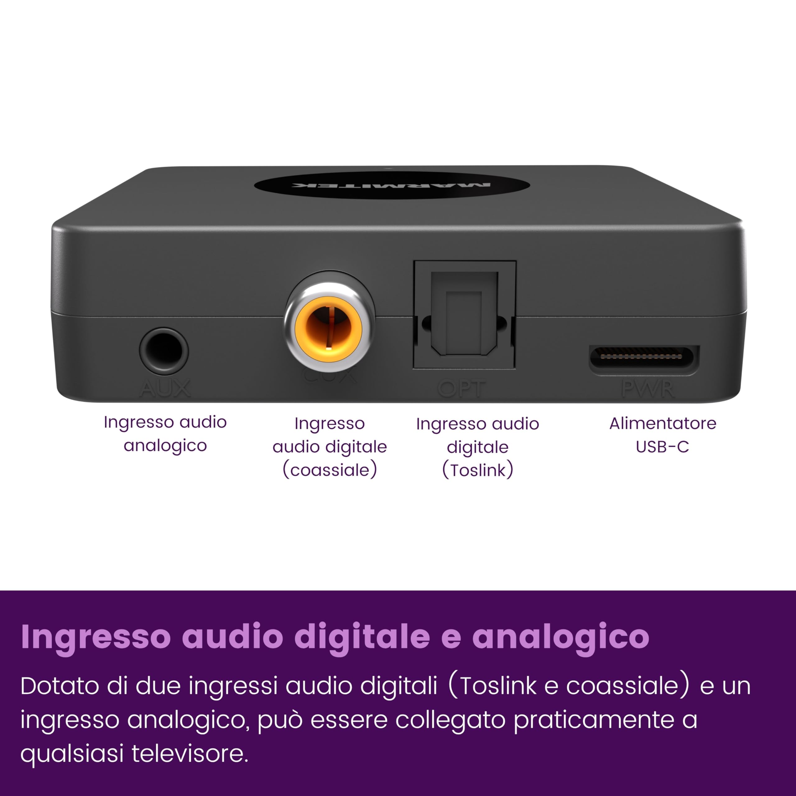 Marmitek BoomBoom 55 HD - Trasmettitore Bluetooth TV aptX HD Low Latency | Trasmettitore audio Bluetooth per 2 cuffie contemporaneamente con aptX Adaptive, Toslink, coassiale, jack 3,5 mm e aptX HD