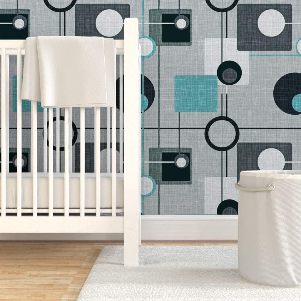 Removable Wallpaper 6ft x 2ft - Orbs Squares Grey Aqua Black White Vintage Blue Retro Circles Custom Pre-Pasted Wallpaper by Spoonflower