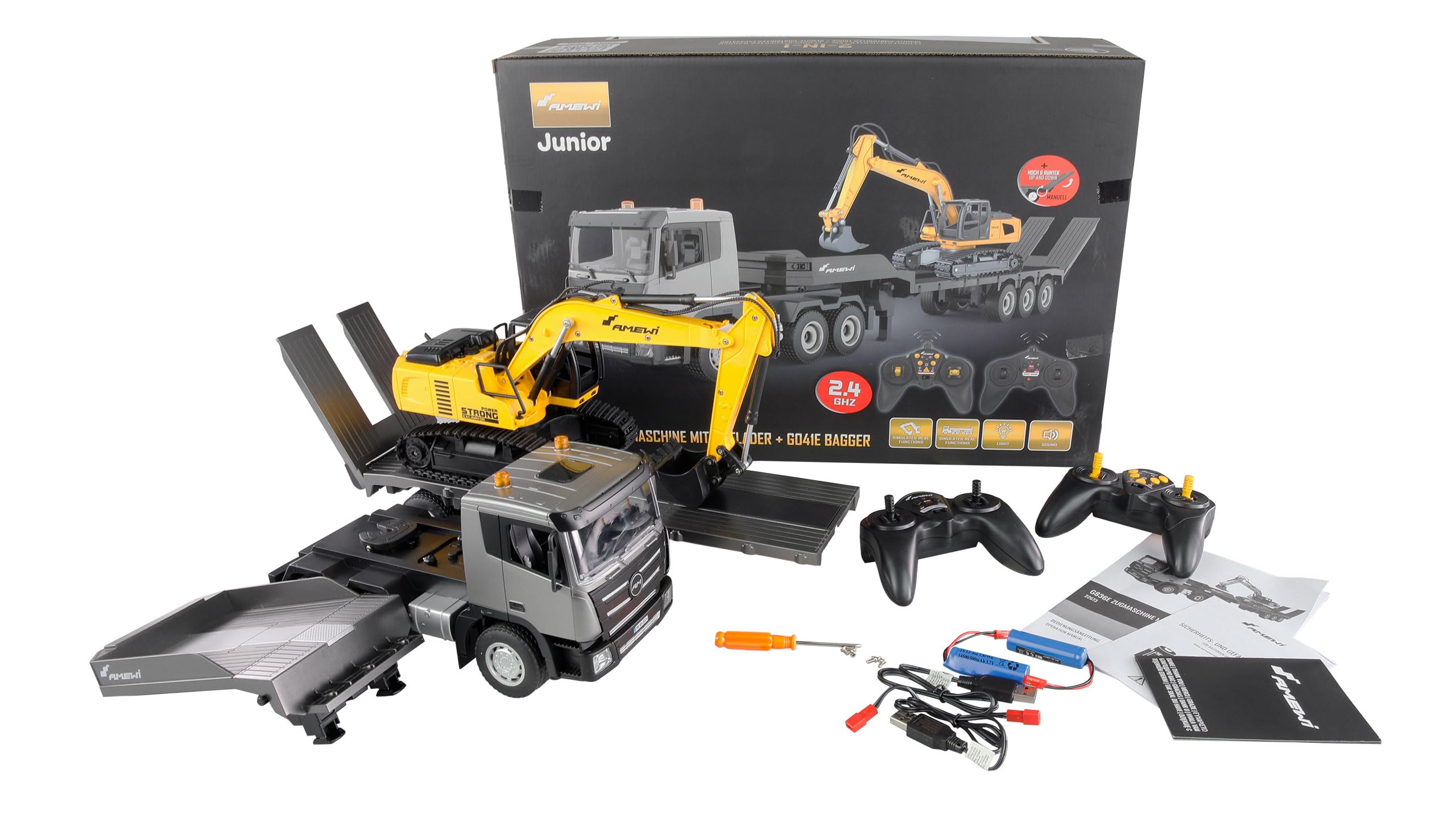 Amewi Set 2 in 1 camion con piano profondo ed escavatore 1:24 RTR telecomandato RC, cantiere per bambini, 8 anni, antracite nero-giallo