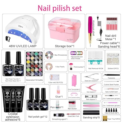 Miniatura 2 de Juego de esmaltes de uñas PolyGel con lámpara LED UV de 48 W, gel de extensión de poliéster de 6 colores, 12 piezas, taladro de uñas, herramientas
