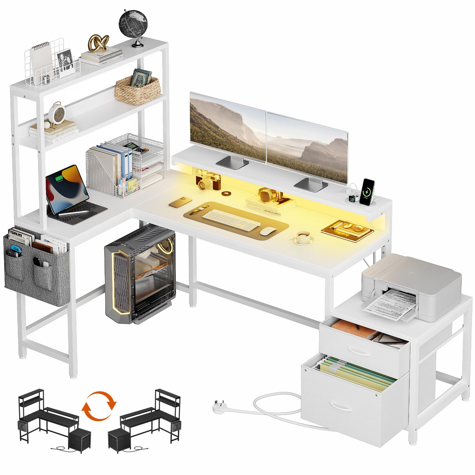 Mossora 195 x 110cm L Shaped Desk with File Drawers and Reversible Storage Shelves, Home Office Desks, Computer Desk with Power Outlet & LED Strip, Corner Gaming Desk for Bedroom, Carbon Fiber White