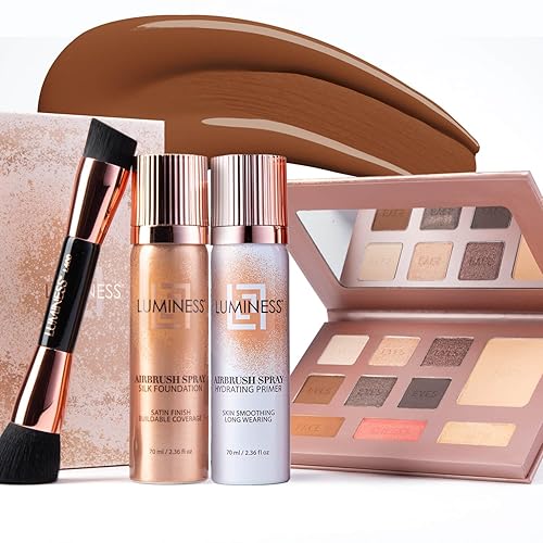 Miniatura 10 de LUMINESS Kit completo de maquillaje, incluye paleta facial, base de aerógrafo, imprimación y brocha, sedoso, de larga duración, fácil de mezclar, 03