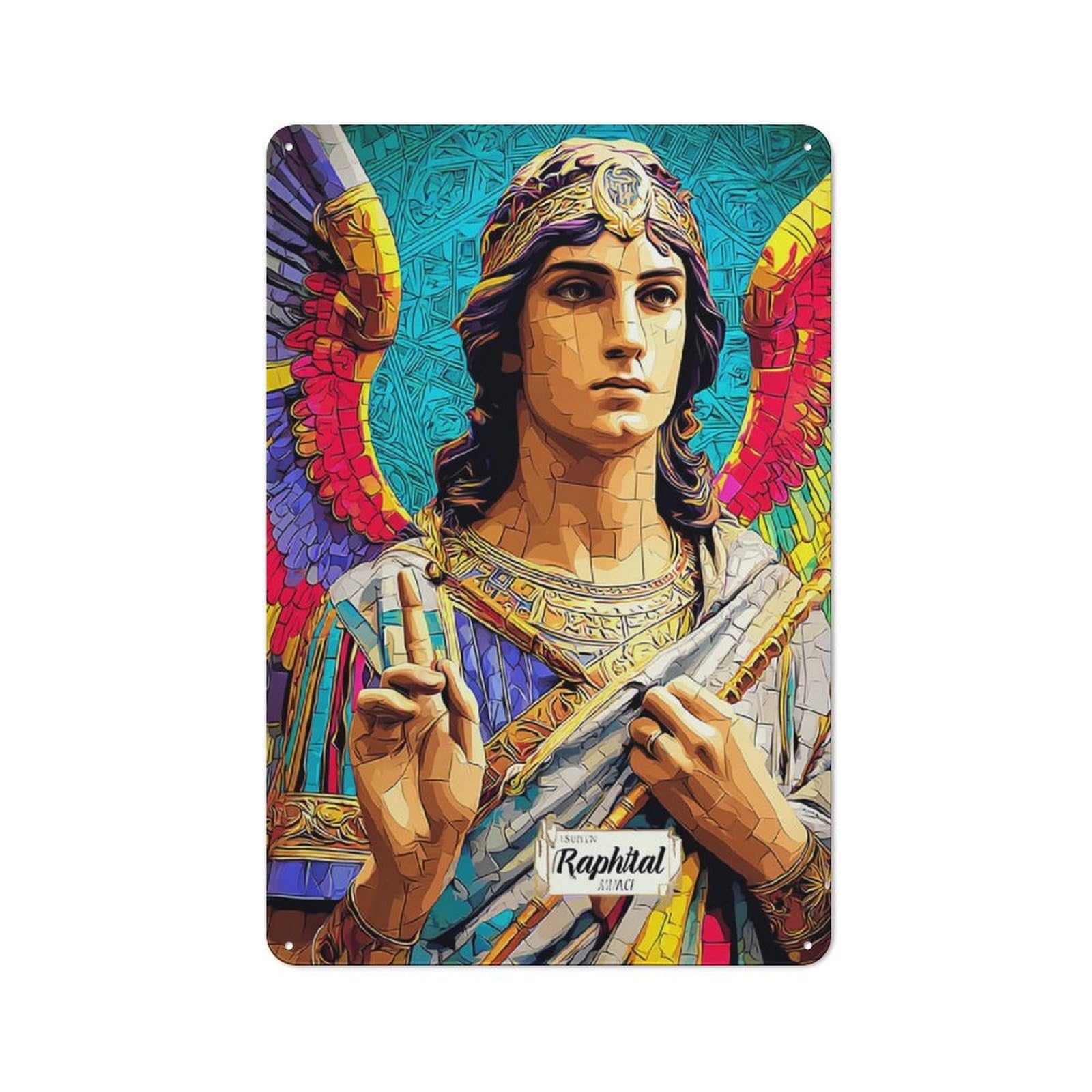 Junmoney Archangel Michael Symbol Of Divine Protectio Tin Sign With N Design 30X20cm, Vintage Workshop Wall Decor For Tool Room, Garage, Studio Or Home Bar