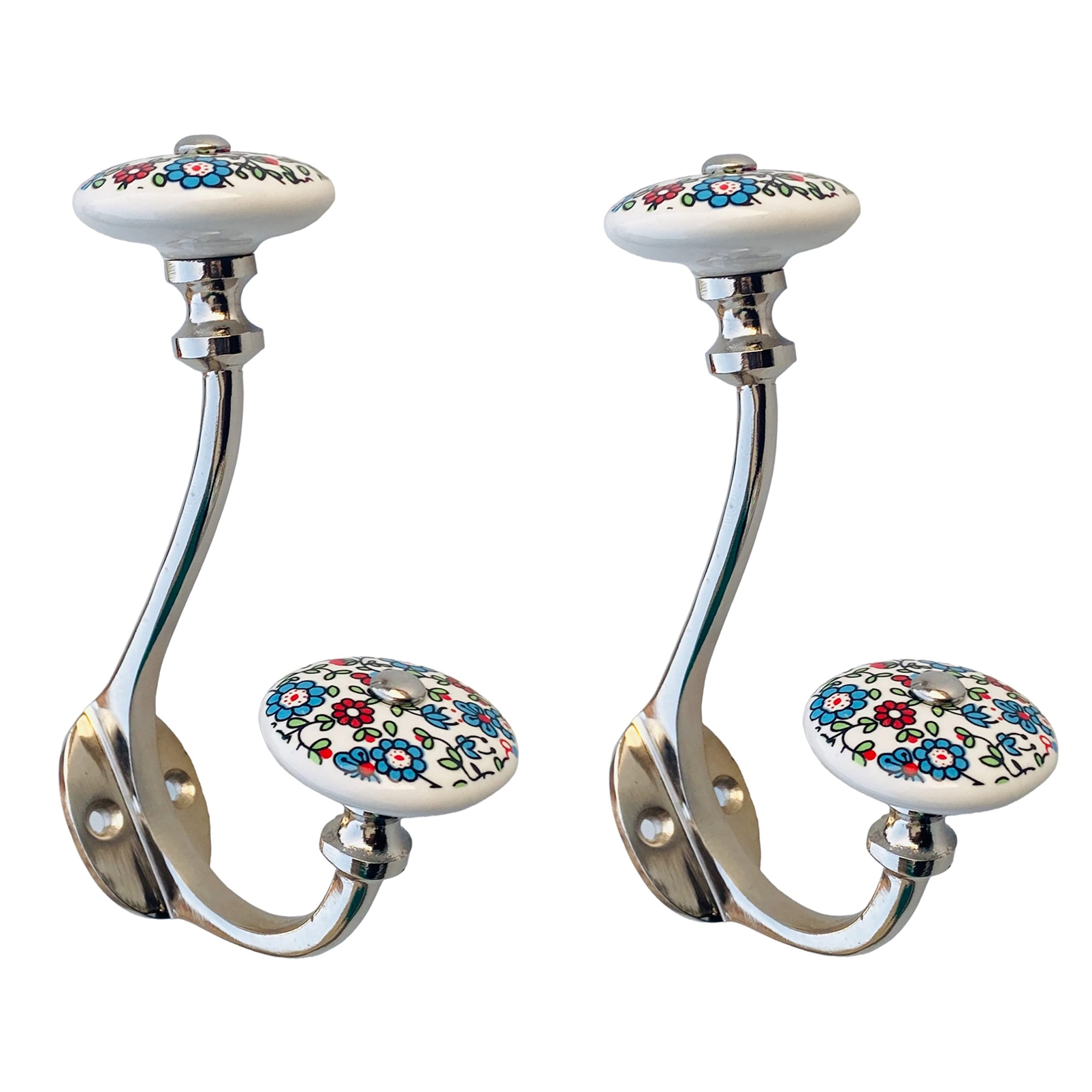 Maison Belle Ceramic Wall Hook - Silver Finish (Size 6 Inch, White Hand Painted) Pack of 2