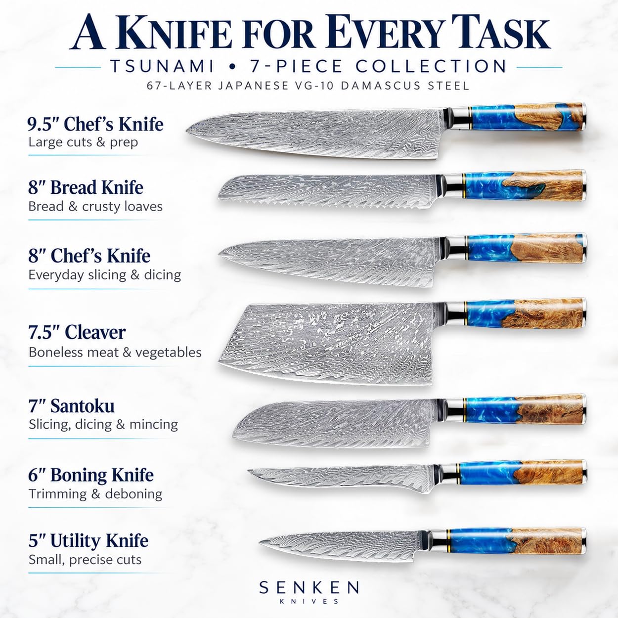 SENKEN 7-Piece Damascus Kitchen Knife Set - Tsunami Collection - 67-Layer Japanese VG10 Steel - Chef's Knife, Cleaver, Santoku, Bread, Boning, & More — Amazon image 5