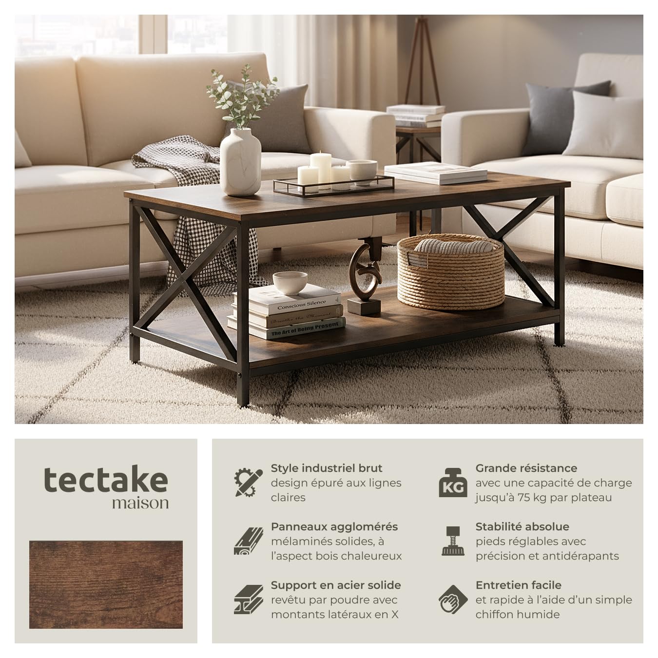 tectake® Table basse Salon 100 x 55 x 45,5 cm, Table basse à 2 niveaux, Style industriel, Bout de canape Meubles de Salon Meuble Bureau Chambre Décoration Maison Meuble d'appoint Rangement, Bois foncé