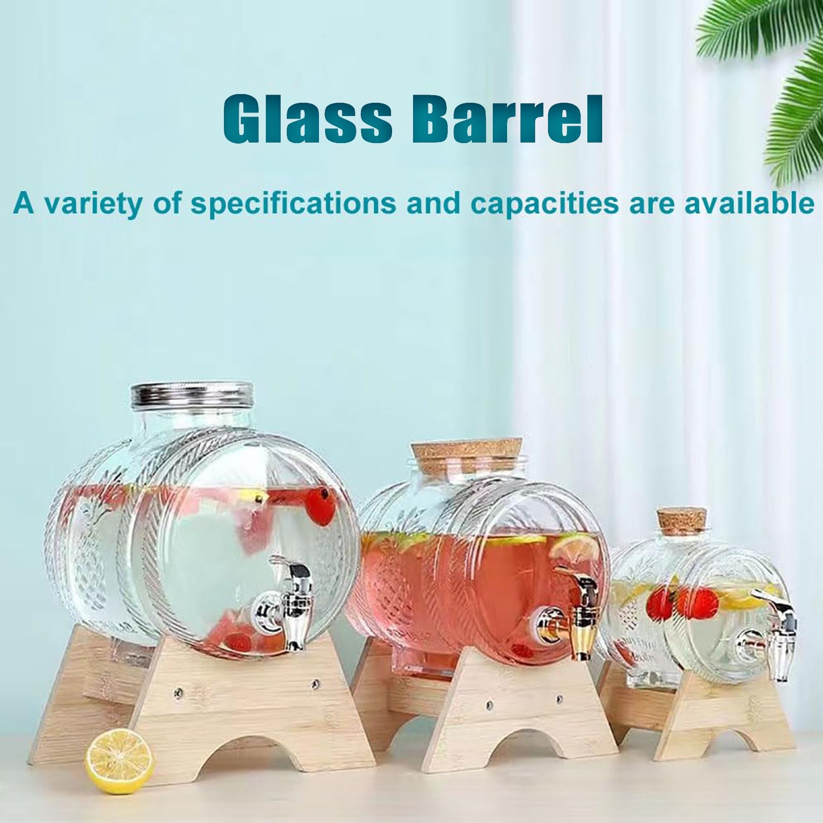 5L Glas Wasserspender mit Zapfhahn Ständer - 100% auslaufsicher, klare Glasdosen, Holzkappen - Getränkespender für Büro, Camping, Saft Getränke Behälter