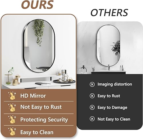 Miniatura 5 de Espejo ovalado negro, espejo de baño ovalado de 17 x 30 pulgadas, espejo de tocador con marco de metal cepillado, espejos de montaje en pared para