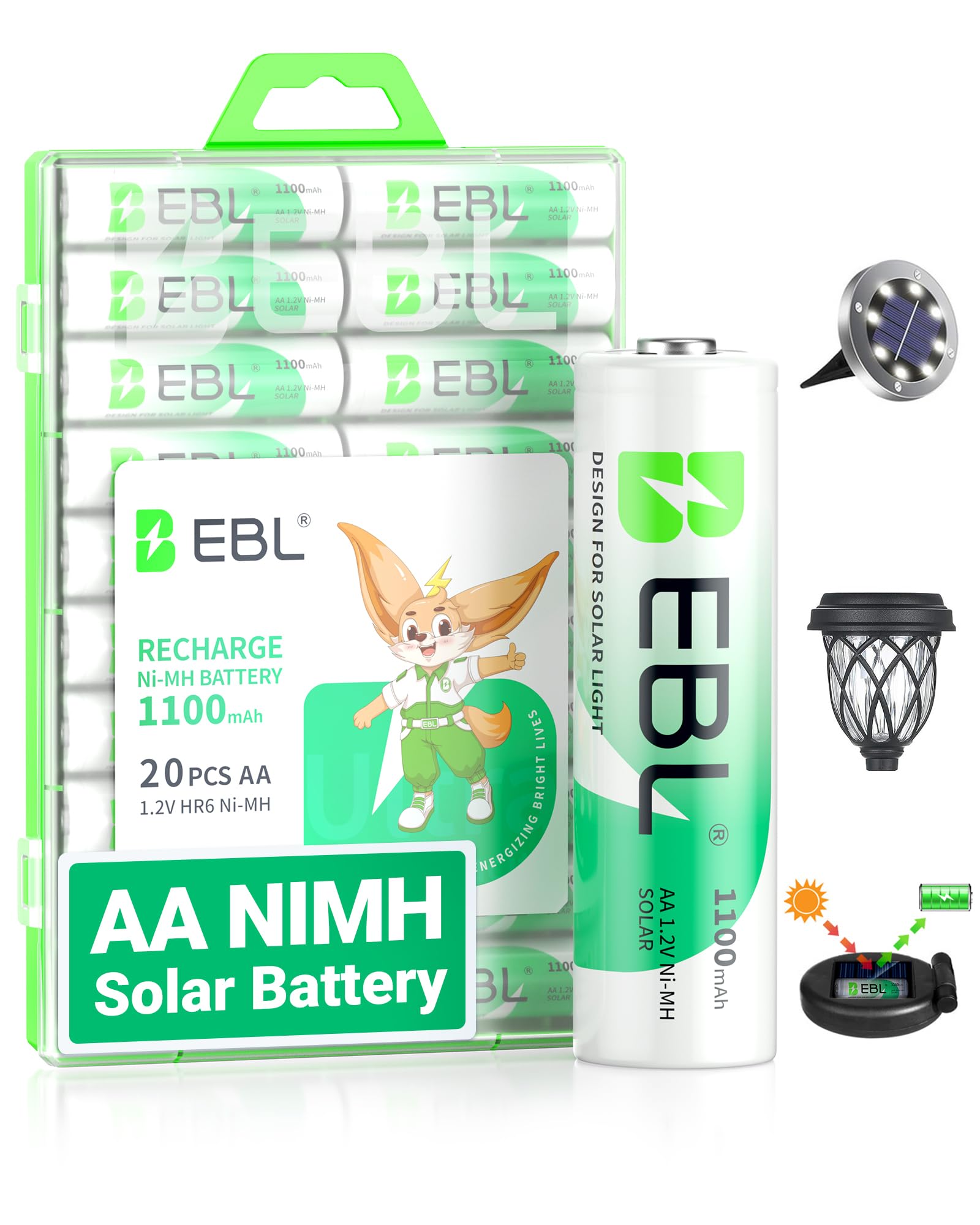 EBL 1100mAh Rechargeable Battery AA Solar Battery for Garden Lights 20 Pack, 1.2V NiMH AA Rechargeable Batteries for Solar Lights, String Lights, Pre-Charged, Low Self-Discharge & Long-Lasting