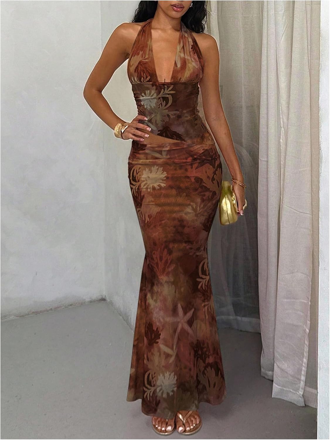 SHENHE Women's 2 Piece Maxi Skirt Set Summer Tropical Deep V Halter Crop Top Fishtail Skirt Vacation Outifts - Image 5