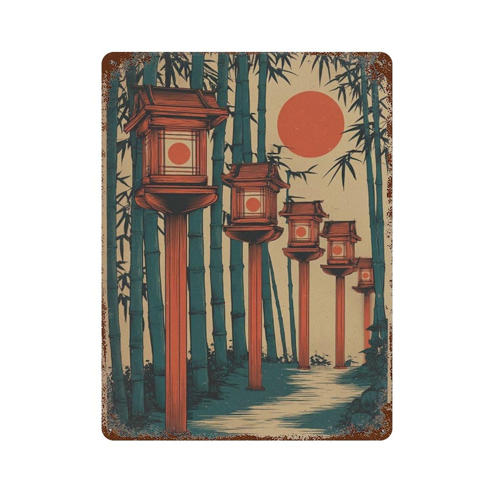 xiaoxiaoshen Japanese Lantern Bamboo Red Sun Ukiyo (3) Wall Decor Art Metal Tin Poster Modern Home Decor Art Home Bar Shop Decorations Vintage Sign 40x30cm