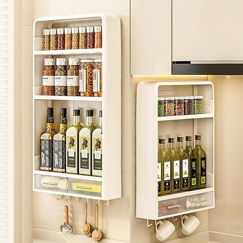 Organizador y almacenamiento de despensa de cocina, estante de cocina de 3 niveles con cajones y ganchos para tarros de especias y condimentos,
