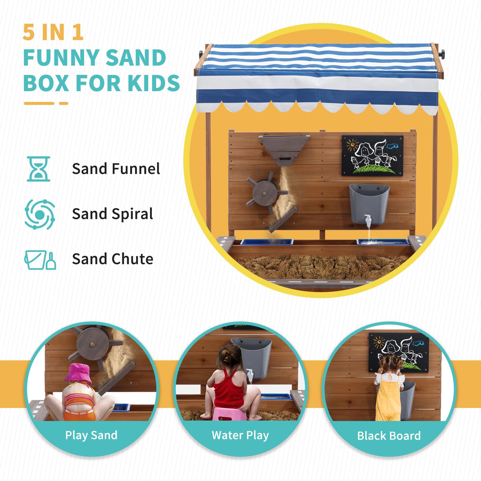 Sandkasten mit Abdeckung, Großer Kinder-Sandkasten aus Holz mit Bring Strandspielzeug, Sandkasten mit Dach für Strand, Garten (103 x 114 x 110 cm)