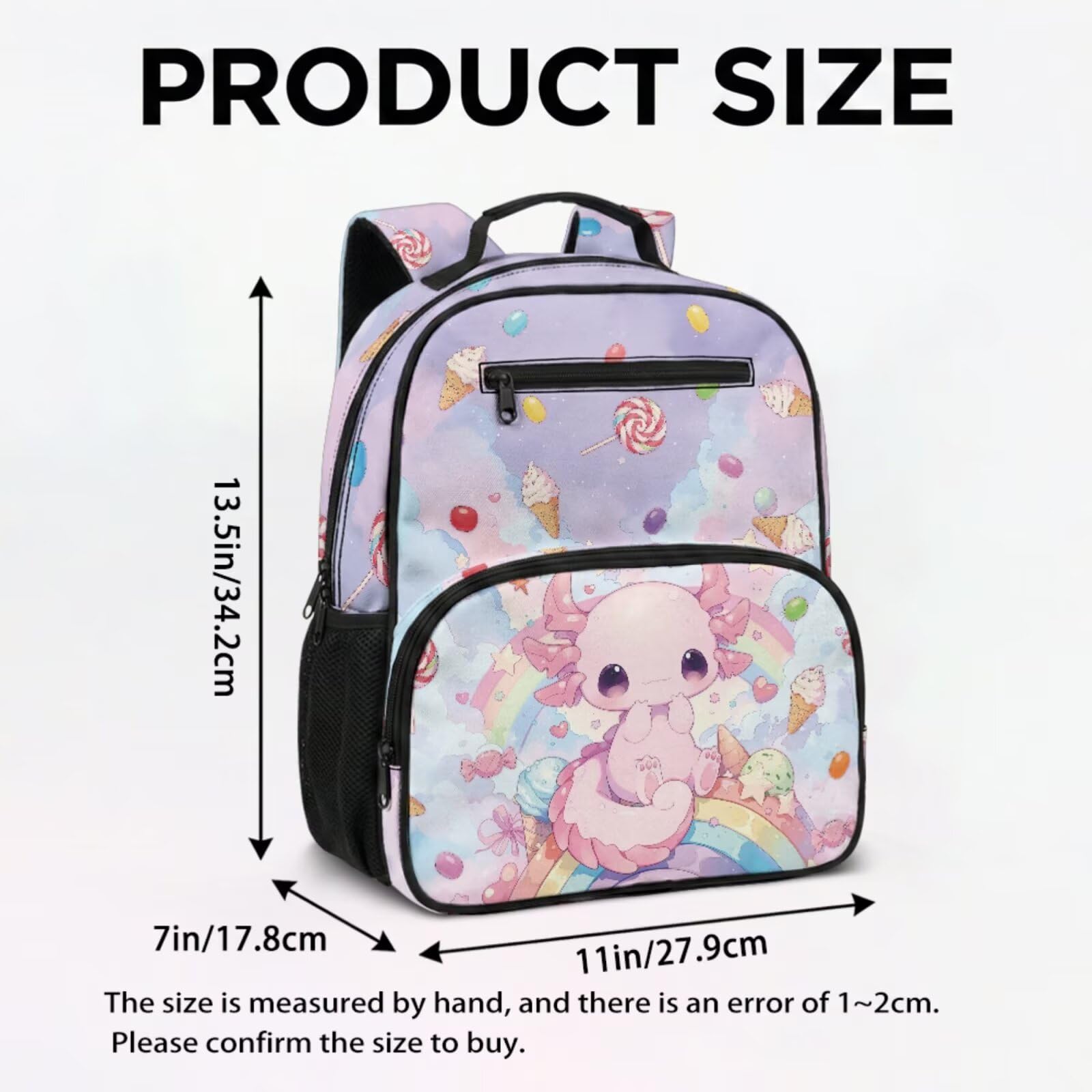Uroczy plecak kawaii do szkoły, 3 sztuki, dziewczęcy plecak i pudełko na lunch, przedszkole przedszkole torba na książki dla dzieci, Słodycze Rainbow Axolotl, S, Klasyczny