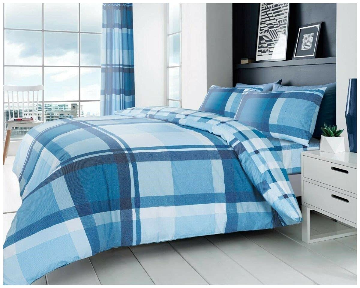GC GAVENO CAVAILIA Geometrical Duvet Cover, Reversible Checkered King Size Bedding Sets, Warm Quilt Cover, Blue