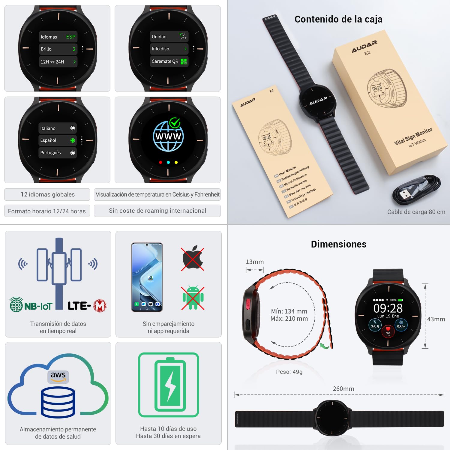 Audar E2 Reloj Emergencia Ancianos,Reloj Localizador Personas Mayores con Caídas y SOS Alerta,24/7 Presión,Ritmo Cardíaco,SpO2,Temperatura,Informe bienestar IA,Datos Vitales IoT en Panel Cloud,Sin App