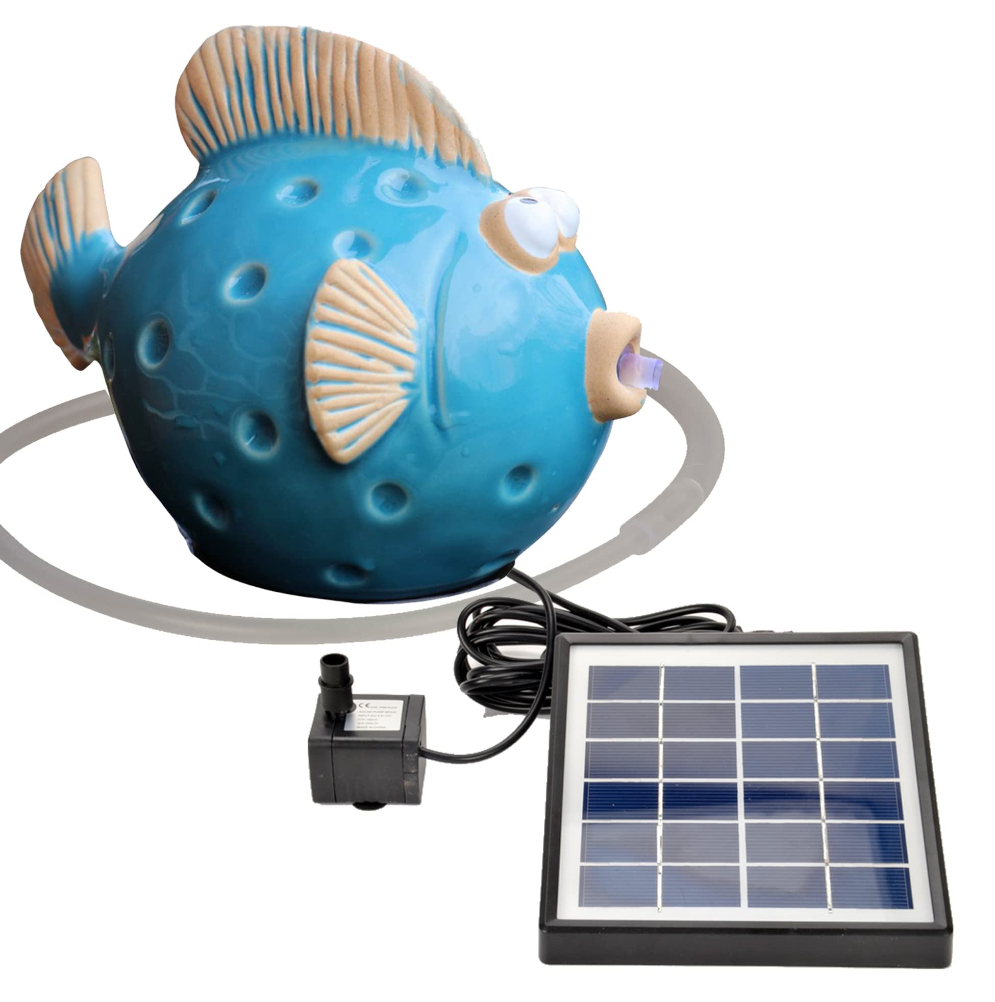 Wasserspeier Fisch mit Solarpumpe blau aus Keramik für Miniteich oder Weinfass