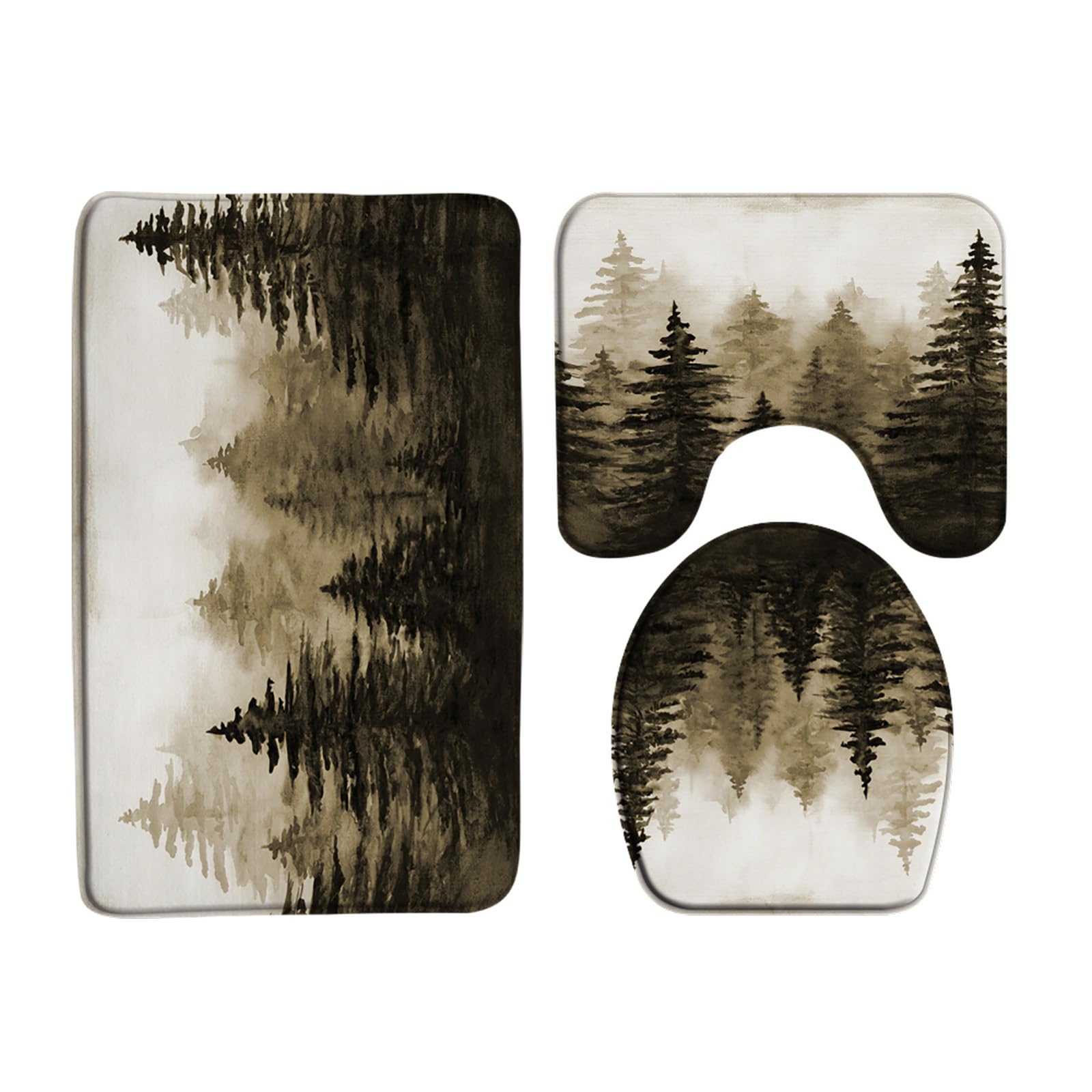 ZNLSU 3 Piece Misty Forest Bath Mat Sets Watercolor Pine Tree Abstract Foggy Jungle Brown Rustic Nature Scenery Landscape Bathroom Rug Sets,24"x48"