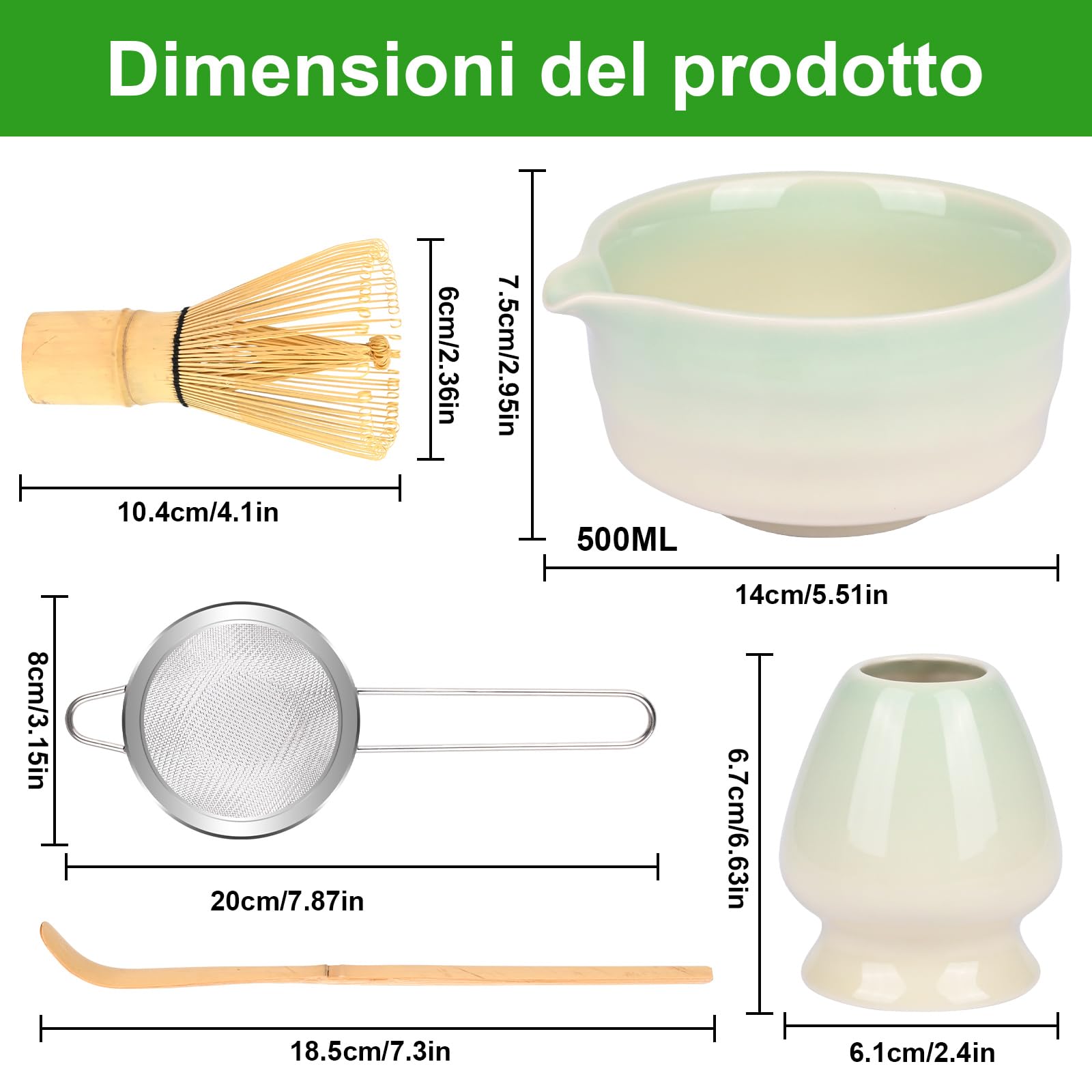 5 Set Matcha,Matcha Cerimoniale,Matcha set da tè matcha,con Frusta Matcha in bambù cucchiaio ciotola e supporto,regalo per gli amanti del matcha Verde a Gradiente