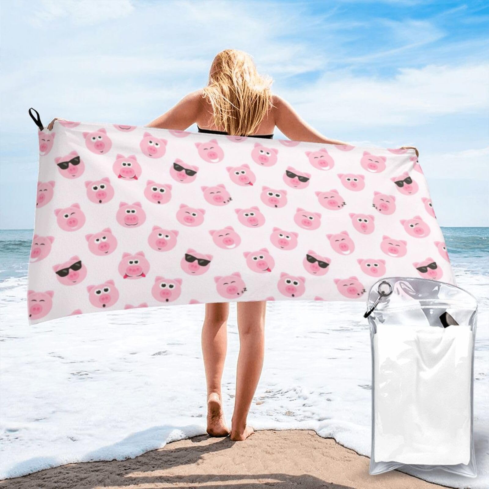 SDEGTHO Funny Pink Pig Face Print Beach Towel Quick Dry Portable For Swimming Yoga Adults Fitness