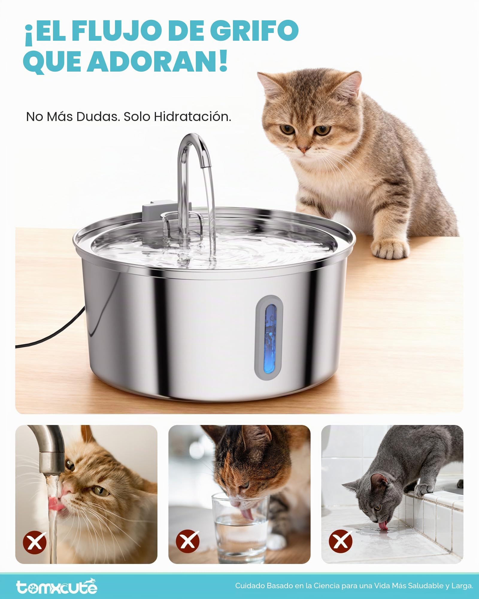 Tomxcute - Fuente de Agua para Gatos, dispensador automático de Agua de Acero Inoxidable de 3.2 l/12 onzas, Bomba Ultra silenciosa y 3 filtros de Repuesto y para Gatos, Perros, múltiples Mascotas