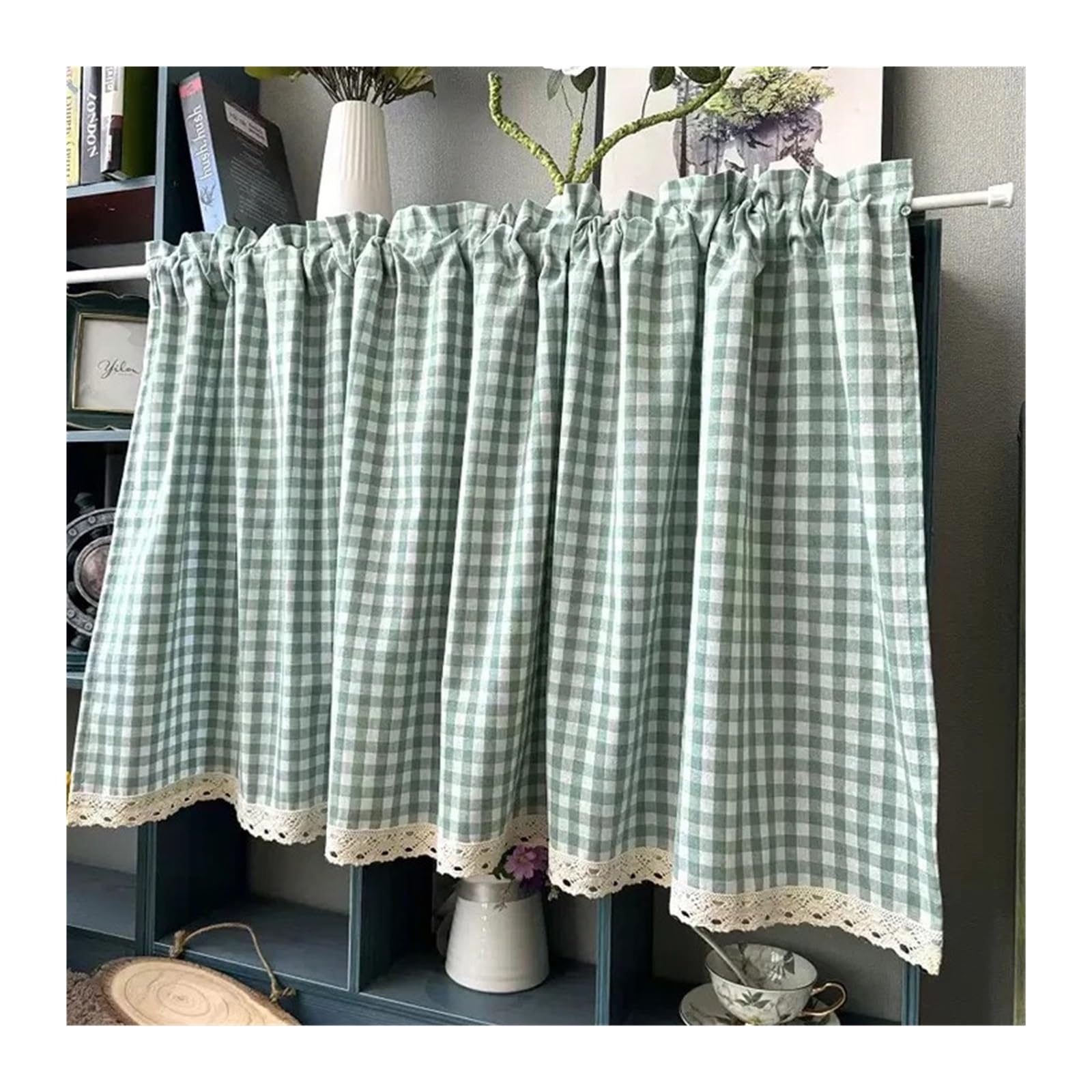 HEUchuan Cupboard Curtain Green Plaid Semi Sheer Curtains Light Filtering Buffalo Tier Window Valance Gingham Rod Pocket Short Kitchen Small Cafe(HOOK AND LOOP_1PC W65XH90CM)