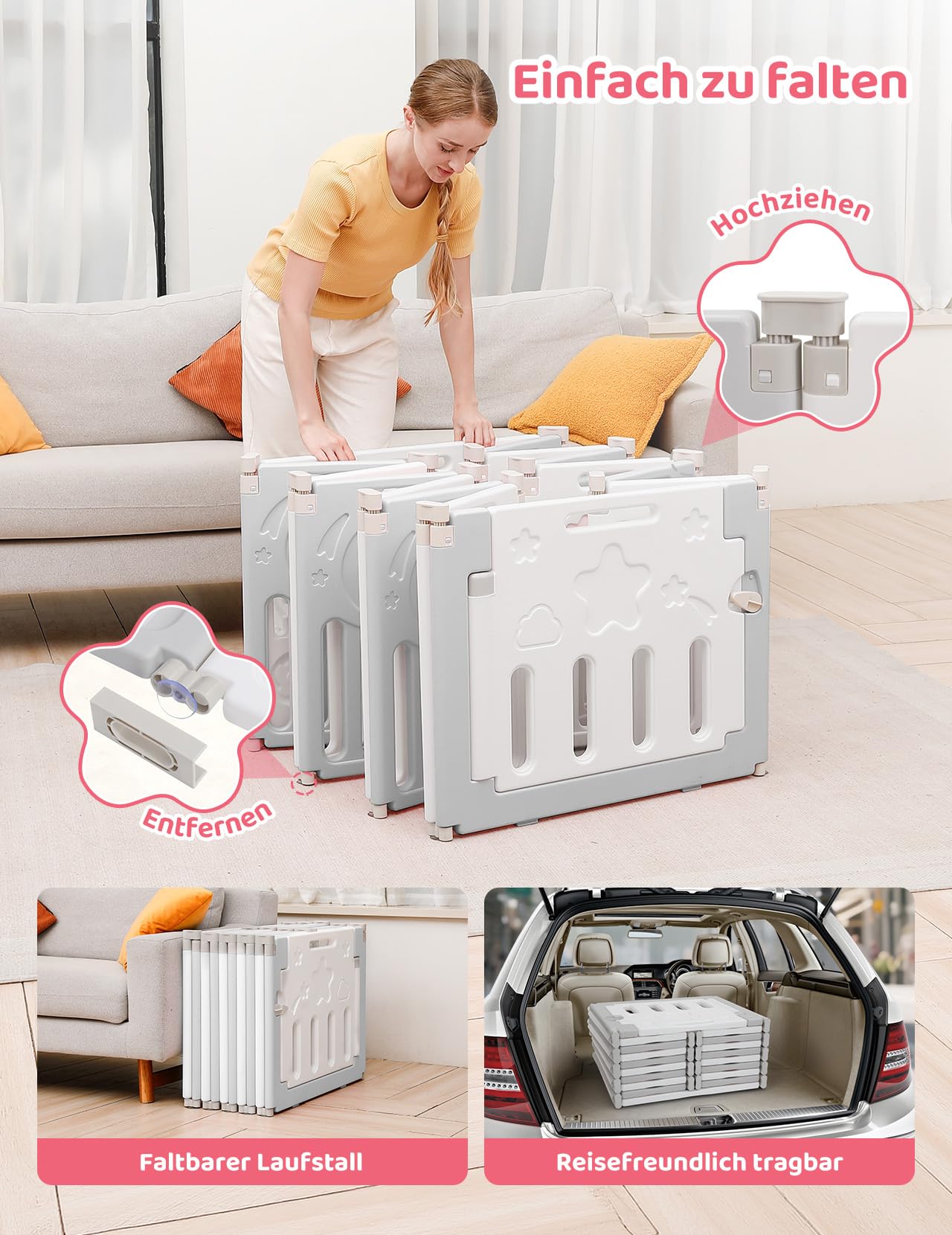Dripex Laufstall Baby Faltbar, for Baby & Toddlers Kleinkinderzimmer, Möbel | Großes Laufgitter Baby mit verstellbarer Form,Erweiterbar mit Tür und Spielbrett für Innen/Außen,14 Panels/150x150cm/GrauWeiß