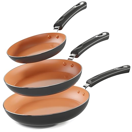 Utopia Kitchen Nonstick Cookware 3 Piece Set, Non-Stick Frying Pans with Induction Bottom, 8, 9.5 & 11 Inches Frying Pans with Bakelite Handles, PFOA Free, Grey & Copper
