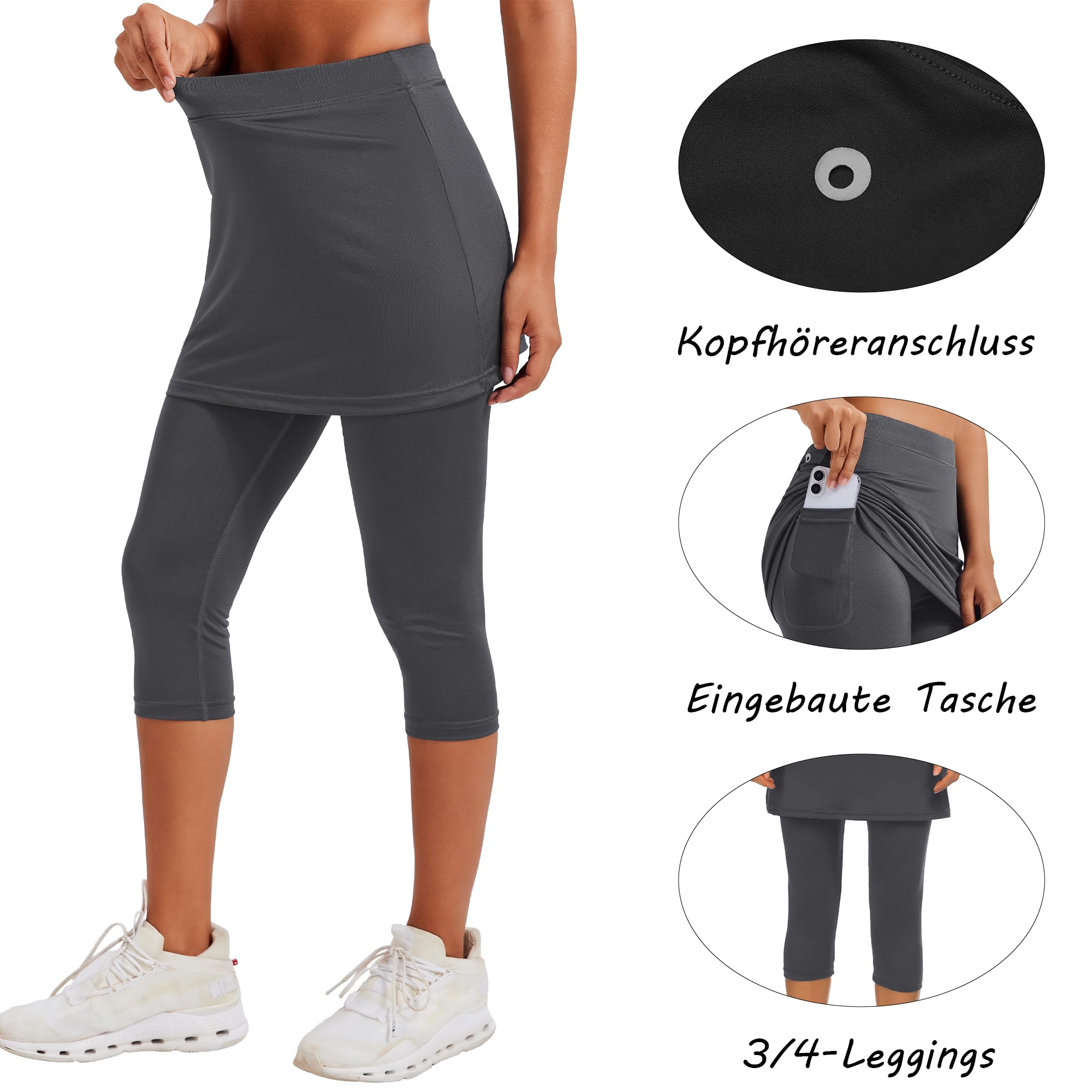 PINSPARK Jupe de Tennis pour Femme, Taille Haute, Short intégré sous Le Genou, Culotte 2 en 1, Jupe-Short de Course, Pantacourt Moulant, Pantalon de Yoga 3/4 avec Poches et Sortie pour écouteurs