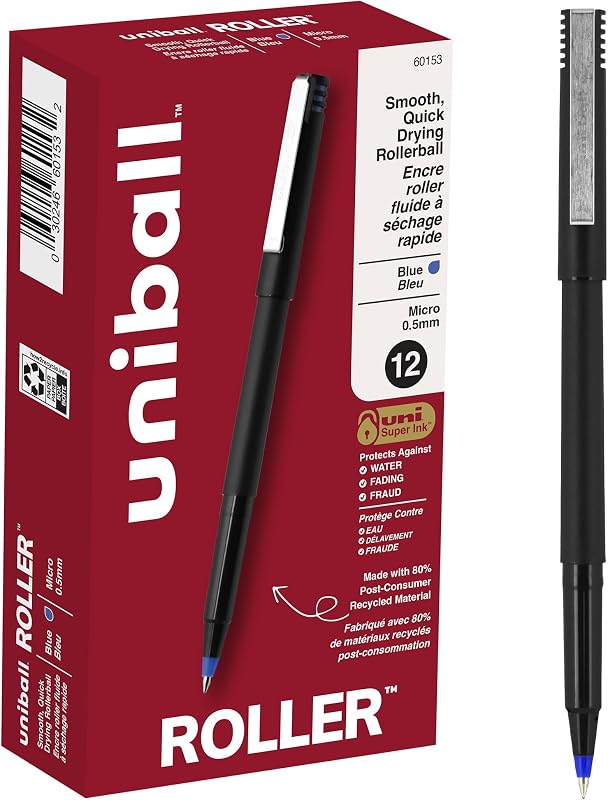 uniball™ Roller Rollerball Pens, Micro Point (0.5mm), Blue, 12 Pack | Quick-drying precise strokes, acid-free archival ink, protects against water, fading & fraud, 80% recycled materials