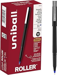 uniball Roller Ball Stick Pens, 0.5 mm Micro Tip, Blue, Pack of 12