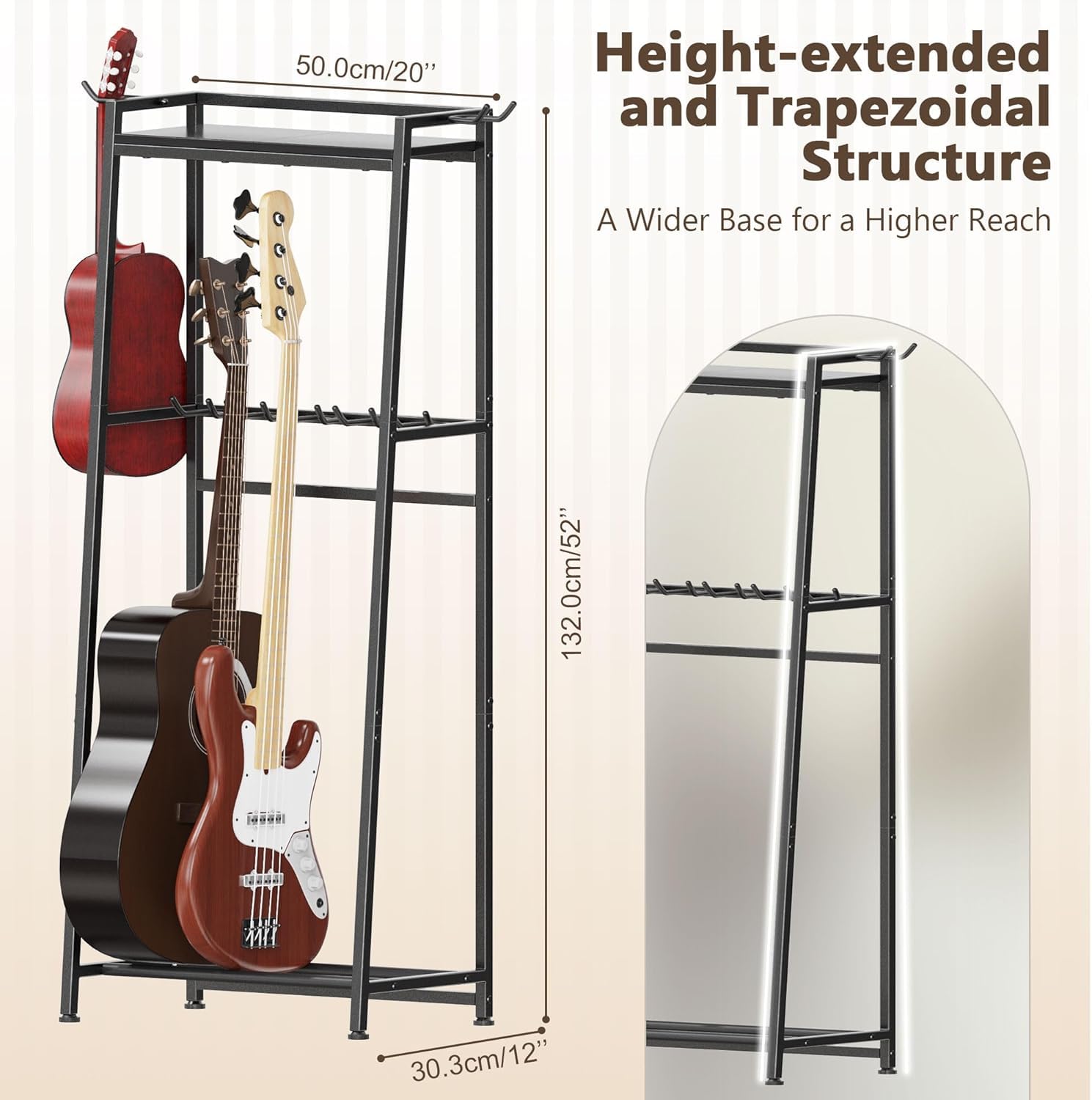 Supporto Chitarra a 2 Livelli per 5 - 7 Strumenti Chitarre Acustica Elettrica Bassi Ukulele Banjo con Ripiano ,multi Rack con imbottitura morbida per più Chitarre e Accessori Musicali