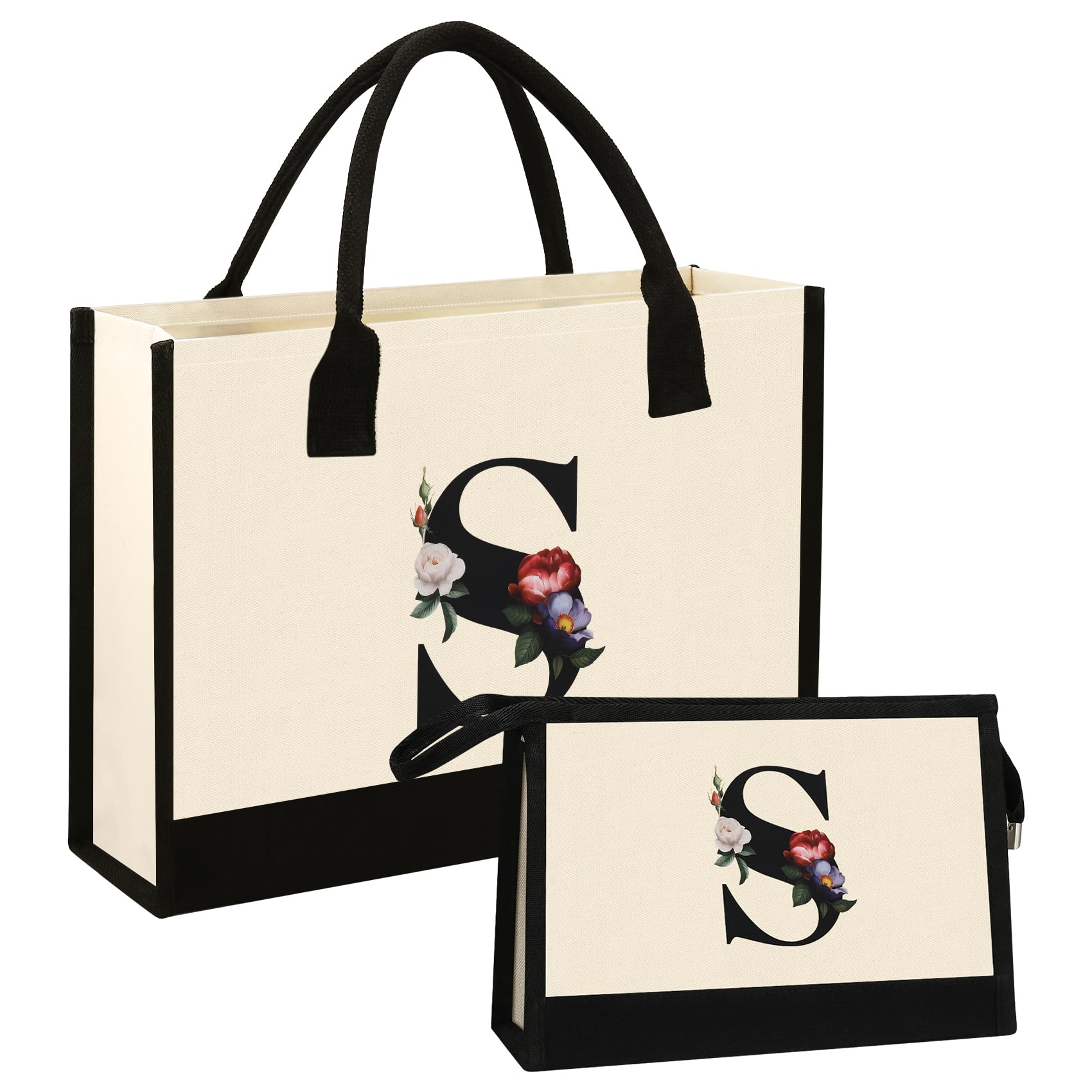 Tsudoku Personalised Canvas Tote Bag & Makeup Bag Gift Set - Custom Initial & (, Bridesmaid, Teacher, Best Friend) - Perfect for Beach, Travel, Work, Shopping(S)