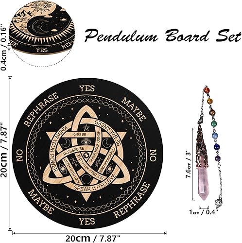 Miniatura 2 de ORIGACH Tablero de péndulo de nudo de 7.9 pulgadas, tablero de adivinación de brujería de madera con péndulo de radiestesia de cristal para