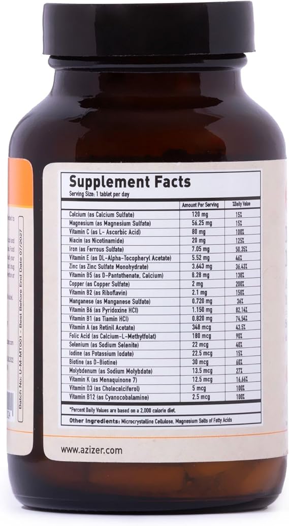 U-MORE Multivitamin and Mineral Complex, Vegan, Sugar-Free, Gluten-Free, Calcium, Magnesium, A, B1, B2, B5, B6, B12, D3, K, Vitamins C, Iron, Zinc - 60 Tablets