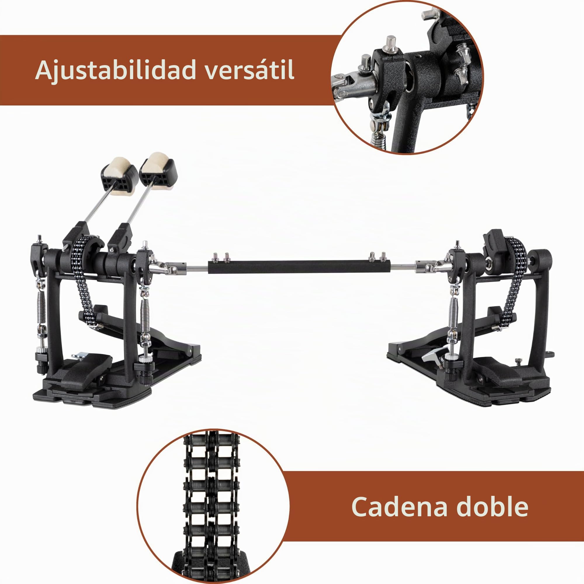XDrum Pedal Pro Doble (2 Pedales, Doble Cadena, 4 Side Beater, Soporte adicional para beater izquierdo, ideal también para baterías con 2 bass drums)