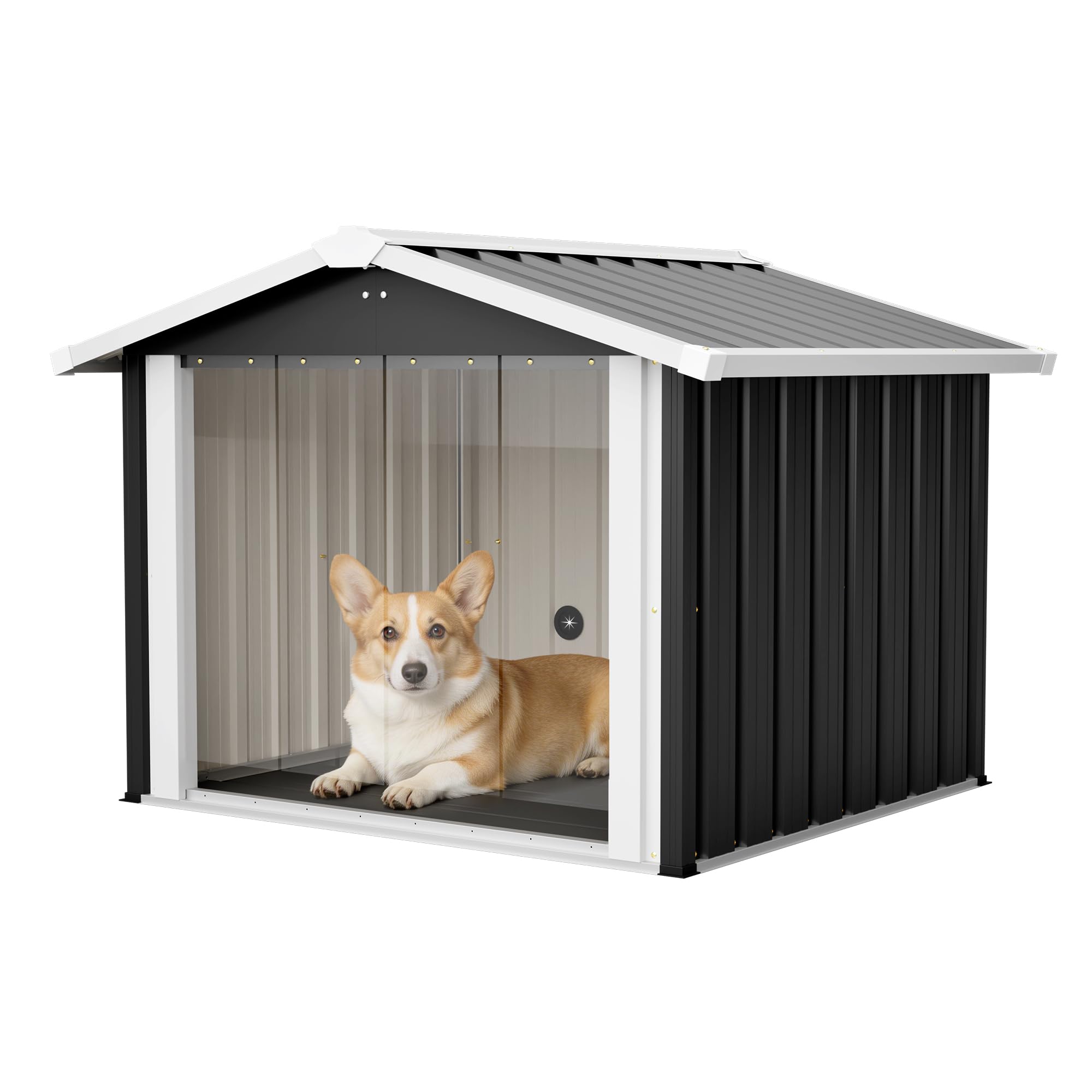 Metall Hundehütte für Draußen, Wetterfestes Hundehaus mit Transparentem Vorhang, UV-beständig & Wasserdicht, Für kleine bis mittlere Hunde, Anthrazit