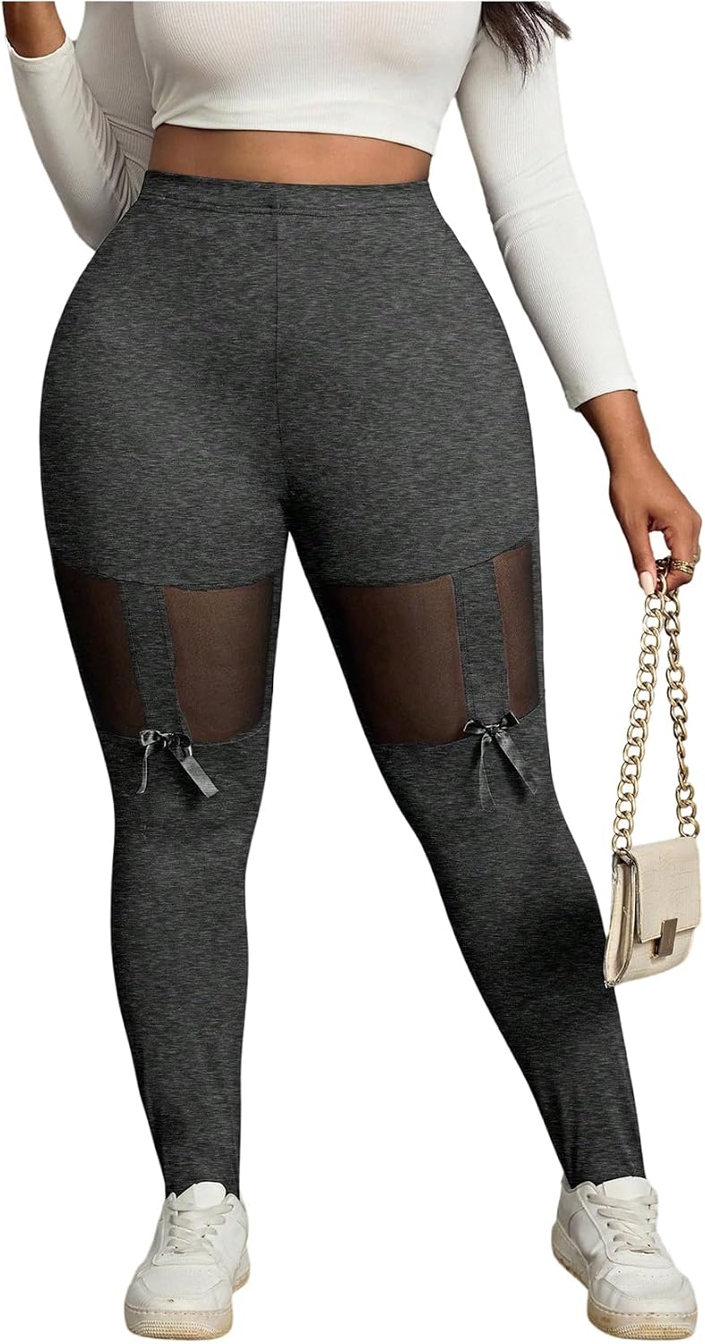 SOLY HUX Women's Plus Size Mesh Leggings Bow High Waisted Tights Skinny Party Club Pants