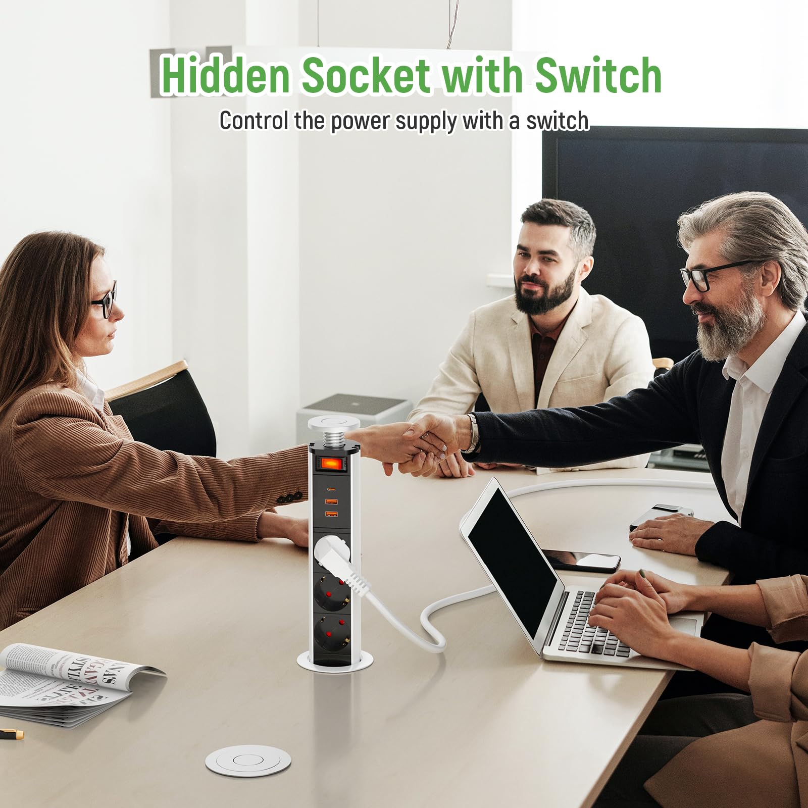 Presa Da Incasso A Scomparsa Con 3 Prese + USB C PD 20W – Per Tavolo, Ufficio, Cucina (1,8m, 4000W, Nero)