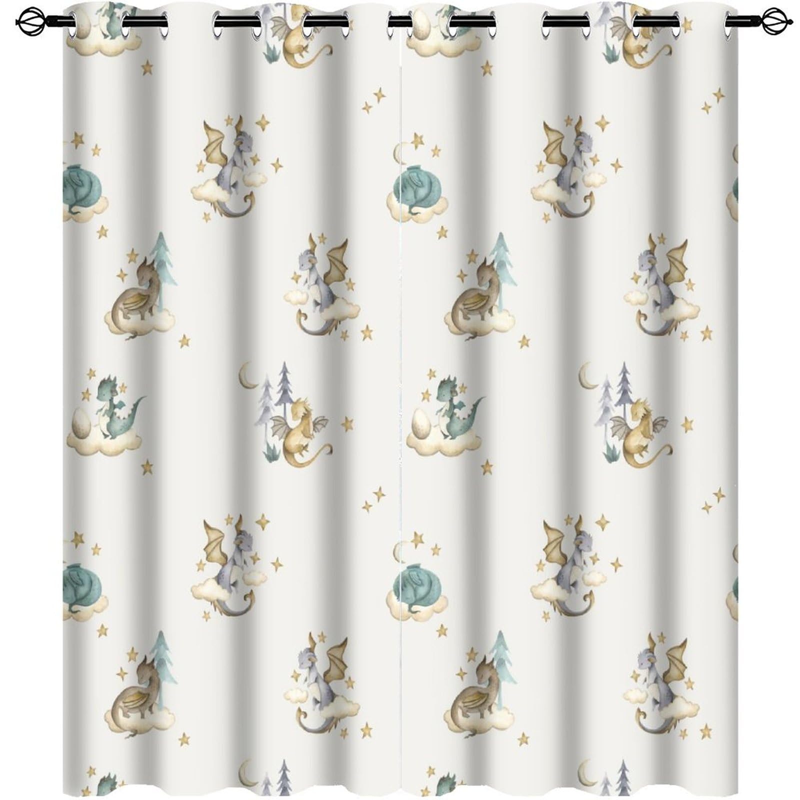 Watercolor Cute Baby Dragon Curtains - Fantasy Cartoon Mid Century Woodland Dragon Thermal Insulated Blackout Curtains - Grommet Top Window Treatment Drapes for Bedroom 63L x 27.5W,2 Panels