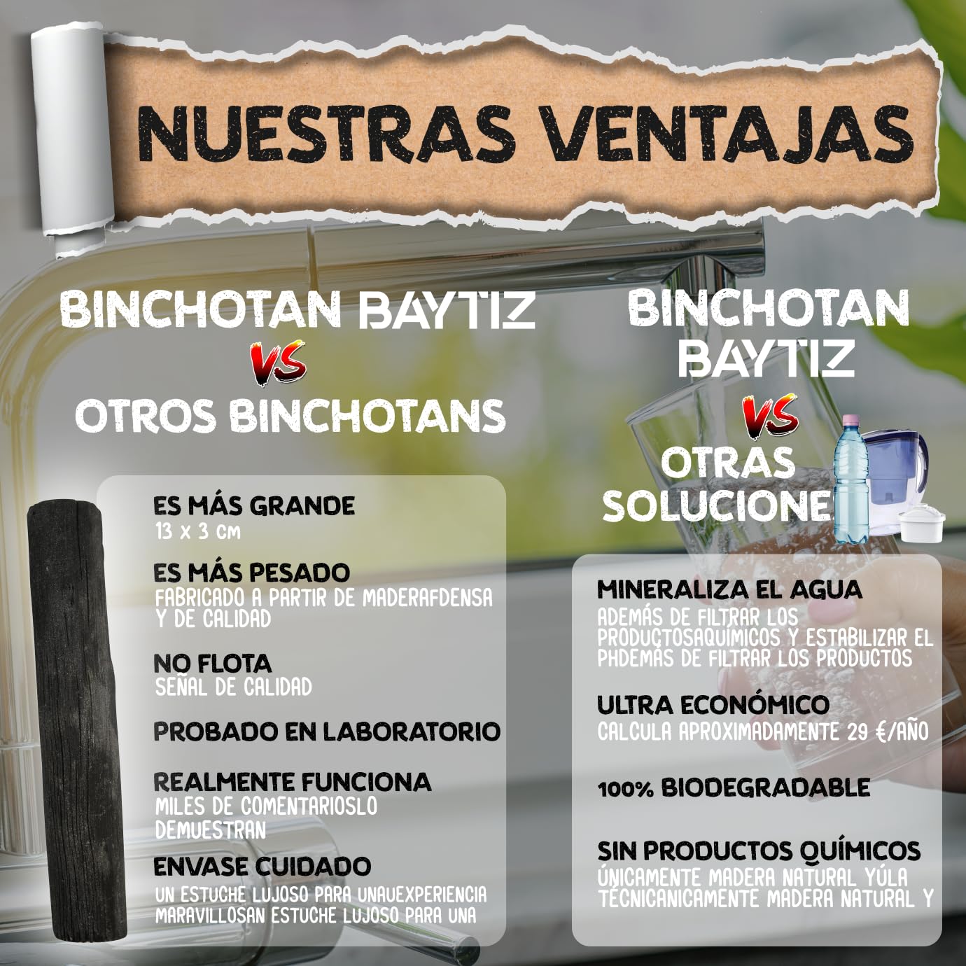 Baytiz ® Filtro de Agua de Carbón Activo - x5 Binchotan Bio - Purificador de Agua del Grifo - Activado Madera Garrafa Cristal Filtros Mesa Carbono Jarra Cartucho Activado Bambu Filter Black Cartuchos