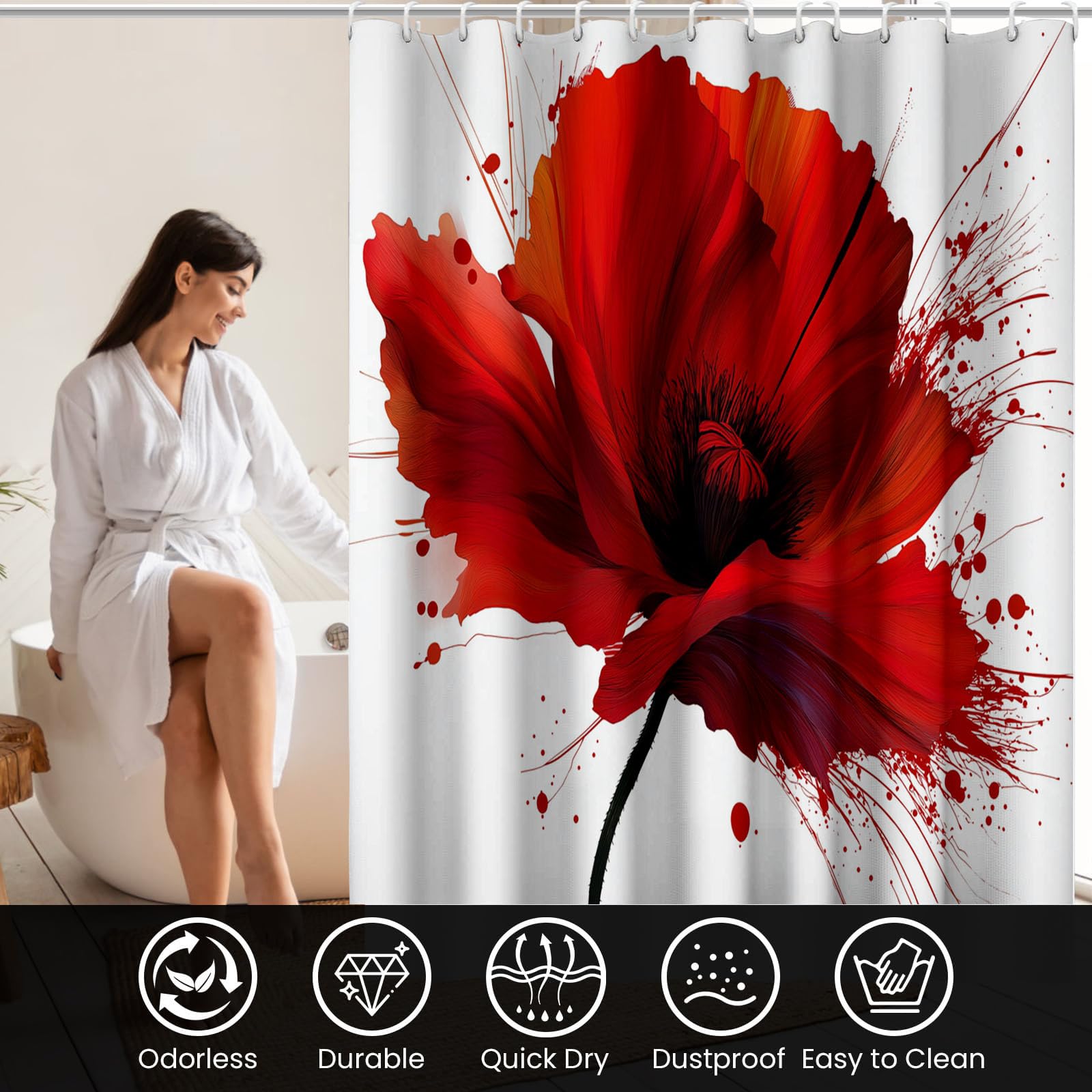 Rote Mohnblume Duschvorhang 240x200cm,Aquarell Blumen Rot Bad Waschbar Duschvorhänge Polyester Textil Wasserdicht Badevorhang für Badewanne mit 12 Haken