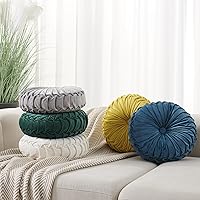 Vista 6 de Almohada redonda de terciopelo de 15 x 15 pulgadas, plisada, redonda, rellena de calabaza, para el hogar, para sofá, silla, cama, suelo de Verde