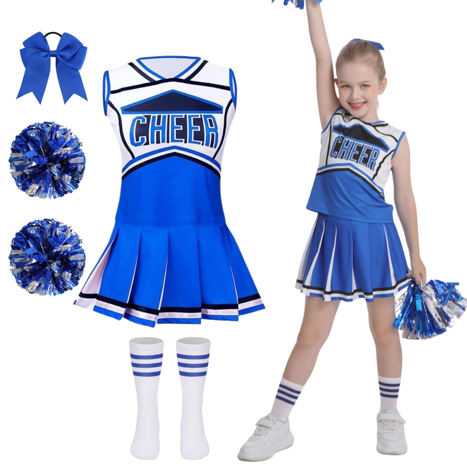 maxToonrain Girls Cheerleader Costume 5 PCS Classic Style Kids Cheerleader Outfit with Pull Ring Pom Poms, Top, Skirt, Socks and Headband for 2026 World Book Day Halloween School Events(Blue, 8-9Y)
