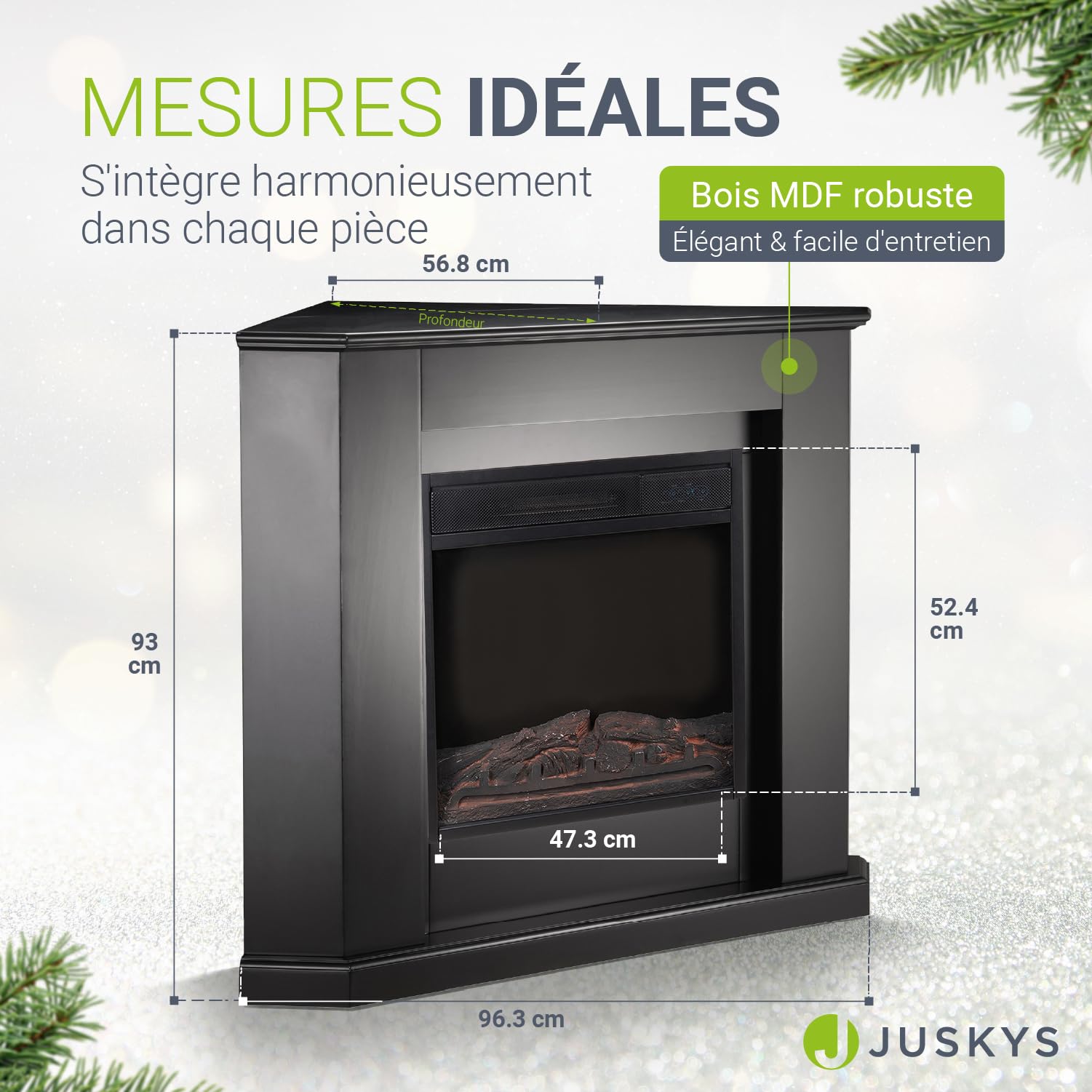 Juskys Cheminée électrique 1000/2000W avec Chauffage, Effet Flamme, télécommande, éclairage LED et minuterie - Cheminée électrique d'angle (Noir)(96x57x94cm)