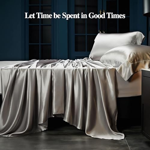 Miniatura 6 de YOUR MOON Juego de sábanas de 4 piezas, 100% seda de morera, tamaño Queen, juego de sábanas de lujo de seda de morera de 25 momme, sábana bajera